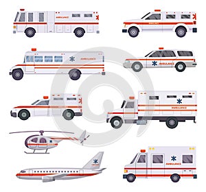 Ambulance cars. Health rescue service vehicle van helicopter paramedic emergency hospital urgent auto 911 vector cartoon