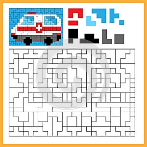 Ambulance. Color the image using shapes. Coloring book for kids. Colorful Puzzle Game for Children with answer
