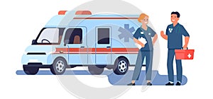 Ambulance doctors with car and medical kit. Paramedic man and woman in uniform. Hospital rescue vehicle. Health care and
