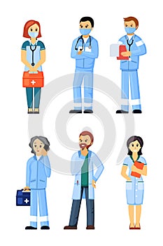 Ambulance doctors and nurses set. Medical specialists in blue uniforms with masks and gowns emergency resuscitation