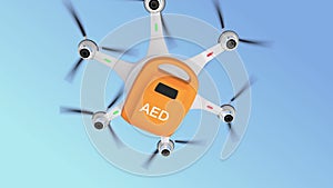 Ambulance drone delivers AED kit for emergency medical care concept.