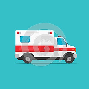 Ambulance emergency automobile car vector illustration, flat cartoon medical vehicle auto side view isolated clipart