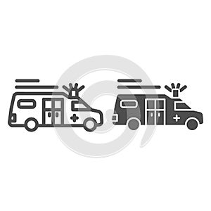 Ambulance emergency line and solid icon, medical concept, urgent transportation with siren sign on white background