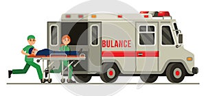 Ambulance emergency paramedic carrying patient in stretcher flat style vector illustration