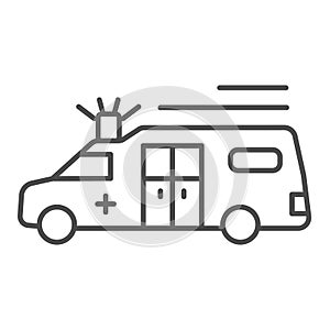 Ambulance emergency thin line icon, medical concept, urgent transportation with siren sign on white background, hurrying