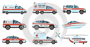 Ambulance emergency vehicles. Official city ambulance cars, helicopter and boat. City emergency service cars vector