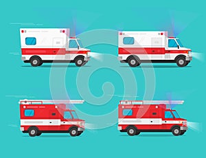 Ambulance and firetruck emergency cars or fire engine truck and medical emergency vehicle automobiles moving fast with