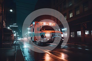 ambulance goes on the night rainy city. Neural network AI generated