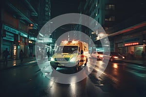 ambulance goes on the night rainy city. Neural network AI generated