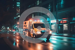 ambulance goes on the night rainy city. Neural network AI generated