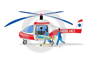 professional team of paramedics delivers a patient by helicopter to the hospital