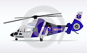 Ambulance helicopter. Medical sanitary aviation. Transport air rescue service. White and blue fuselage. Vector