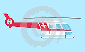 Ambulance helicopter. Red medical evacuation helicopter. Healthcare, hospital and medical diagnostics. Urgency and