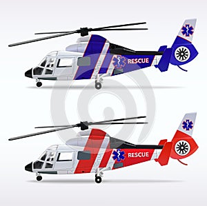 Ambulance helicopters. Medical sanitary aviation. Transport air rescue service. Red and blue fuselages. Vector