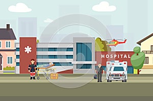 Ambulance hospital banner, vector illustration. Clinic worker character brought patient on gurney.