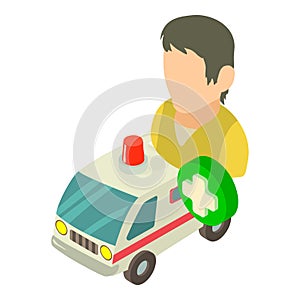 Ambulance icon isometric vector. Man health care worker near ambulance car icon