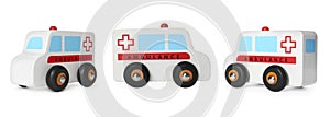 Ambulance isolated on white, different angles. Collage design with children's toy