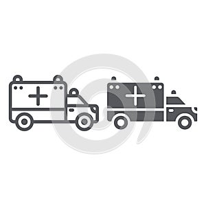 Ambulance line and glyph icon, transport and drive, emergency car sign, vector graphics, a linear pattern on a white