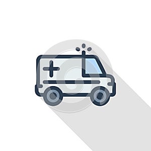 Ambulance, medical car thin line flat color icon. Linear vector symbol. Colorful long shadow design.