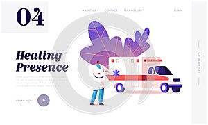 Ambulance Medical Staff Service Landing Page Template. Medic Character Stand at Car in Hospital