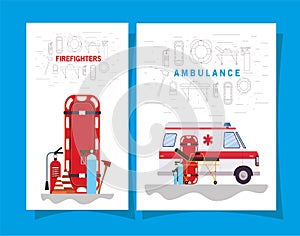 Ambulance paramedic car and firefighters icon set vector design