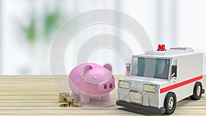 Ambulance  and piggy bank on wood table for health care or medical concept 3d rendering