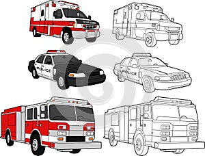 Ambulance, Police Car, Fire Engine