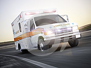 Ambulance running with lights and sirens on a street with motion blur.