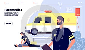 Ambulance service. Paramedic nurses, emergency doctor transport. First help or health protection banner. Vector medical