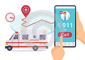 Ambulance service. Urgent 911 hospital emergency call vector concept