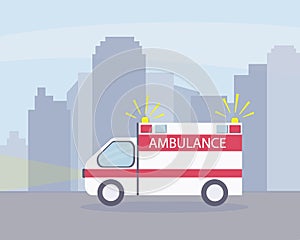 Ambulance with signal lights on vehicles. Against the background of a large city with tall buildings
