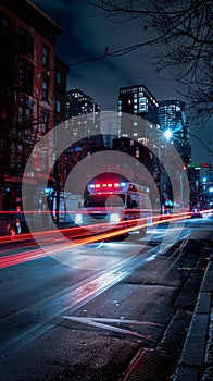 An ambulance speeds through the city at night, its lights a blur of urgency against the urban backdrop.