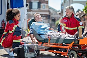 Ambulance staff providing emergency medical service to an unconscious man