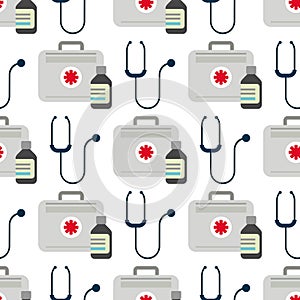 Ambulance stethoscope first aid kit vector medicine health emergency hospital urgent pharmacy pill seamless pattern