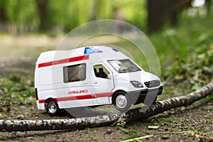 Ambulance stuck in front of a fallen tree