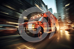 Ambulance van in high speed motion driving down city street