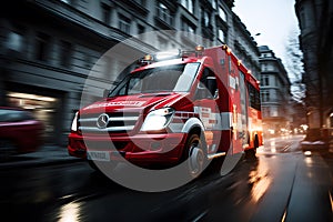 Ambulance van in high speed motion driving down city street