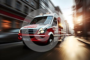 Ambulance van in high speed motion driving down city street