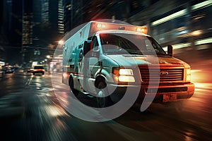 Ambulance van in high speed motion driving down city street