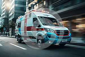 Ambulance van in high speed motion driving down city street