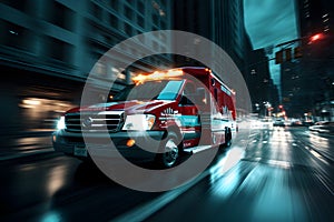 Ambulance van in high speed motion driving down city street