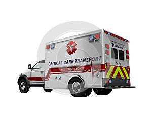 Ambulance white car rear view 3d render on white background no shadow