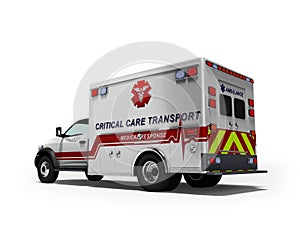 Ambulance white car rear view 3d render on white background with shadow