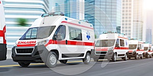 Ambulances in a row on the street of city skyscrapers