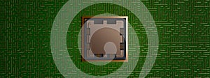 AMD Ryzen 9 AM5 on a maze of green board circuits with copper wires orthographic superior view 3D rendering