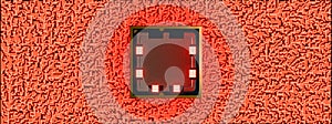 AMD Ryzen 9 AM5 on a maze of hot circuits with melting copper wires orthographic superior view 3D rendering