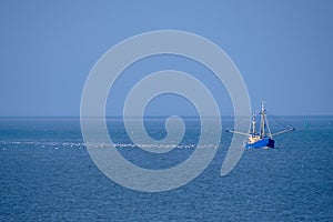 Ameland, Netherlands-April,19,2021: Fishing boat, nets and seagulls on the Wadden Sea. Fisherman conflict escalates photo