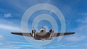 Amelia Earhart's airplane Lockheed Electra in flight in background of blue sky