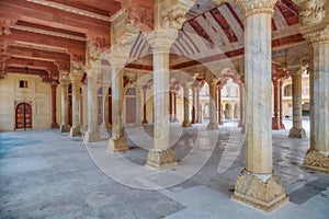 Amer Fort ancient architecture pillar structure at Jaipur, Rajasthan, India