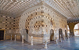 Amer Fort ancient medieval architecture artwork at Jaipur, Rajasthan, India